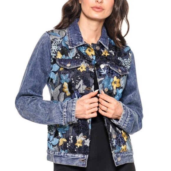 Denim Jacket with Sequins and Embroidery - Picture 1 of 2